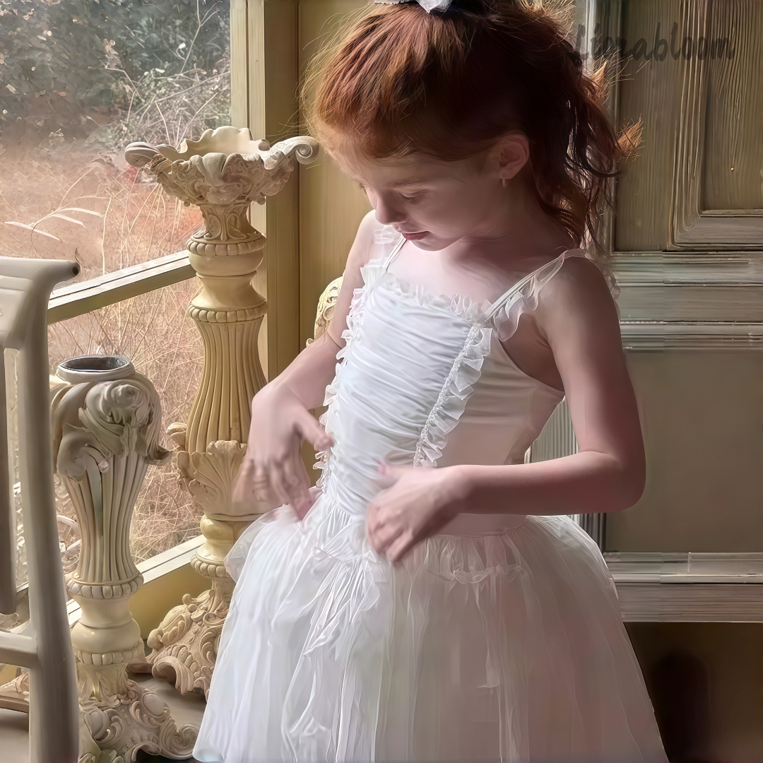 Formal Skirt - Beyaz Spagetti Kayışı Tül Çiçek Kız