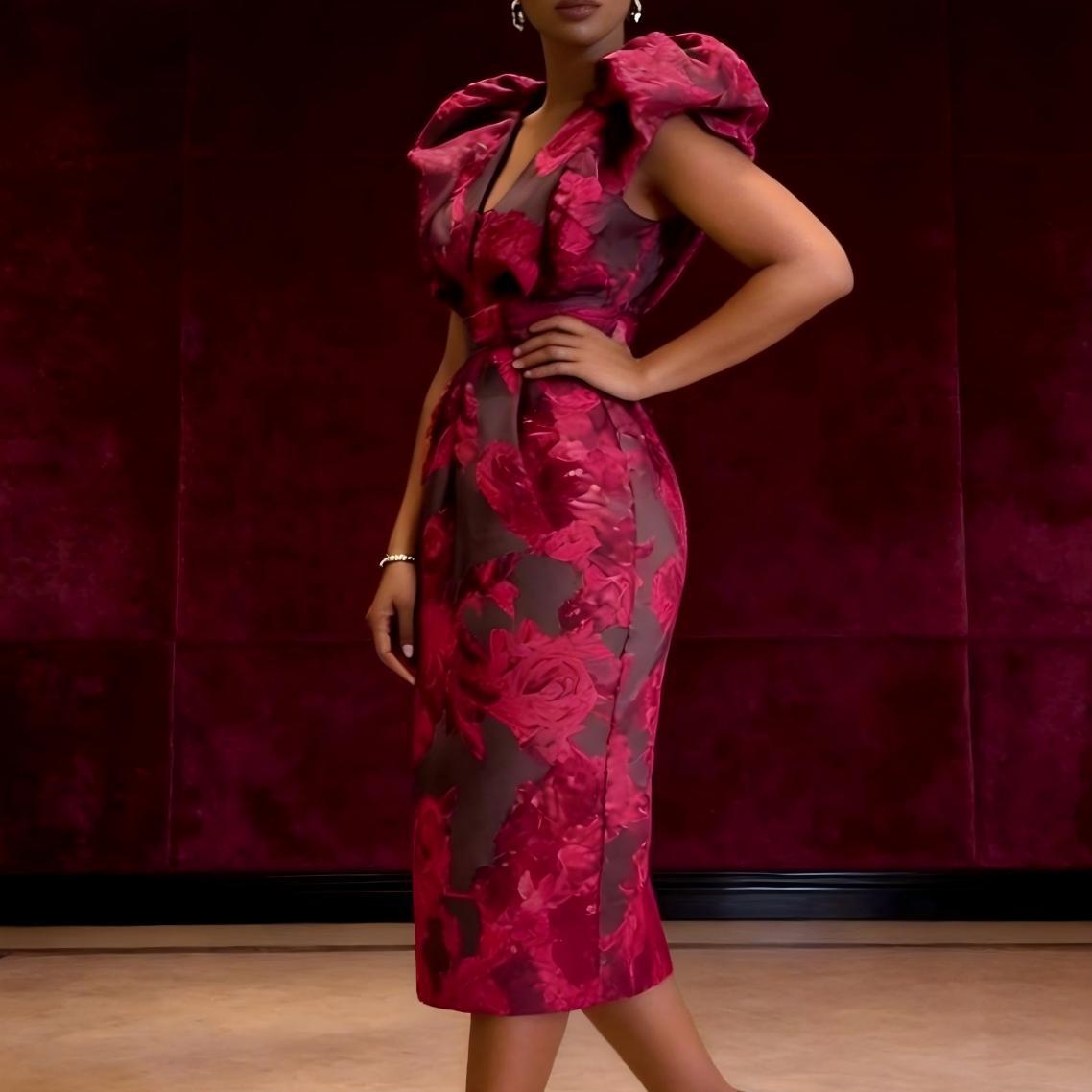 Midi Dress - QMANSHA Artı Boyutu Bordo Çiçek Jakarlı
