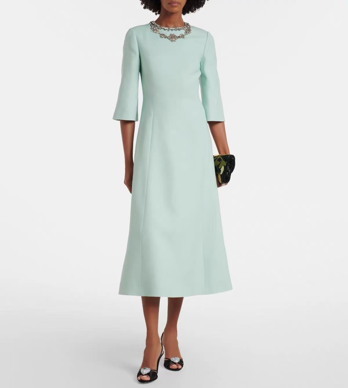Midi Dress - Premium İpek Yün Nane Yeşili Kadın