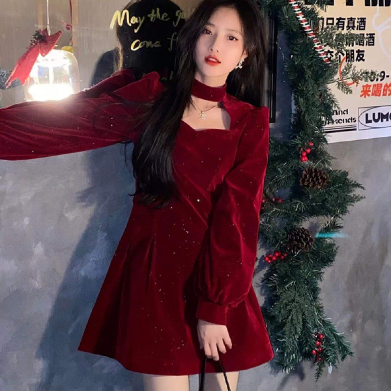 Women'S Red Formal Wear - Ince köpüklü kadife elbise kadın sonbahar
